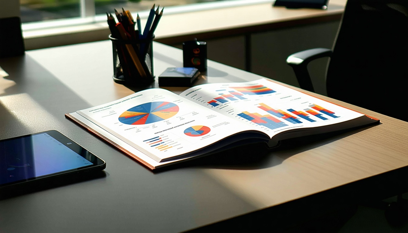 يتميز المكتب الأنيق المعاصر الأنيق بسطح مصقول أملس مضاء بالضوء الطبيعي المتدفق من خلال نافذة قريبة على المكتب تقرير تسويقي مجلّد يستند إلى غلافه الاحترافي الذي يتميز بتصميم نابض بالحياة وطباعة جريئة -2