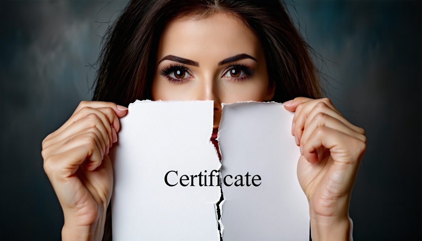 تقبض يدا المرأة الرقيقتان والحاسمتان في نفس الوقت على حواف ورقة رسمية هشّة ذات مظهر رسمي مكتوب عليها كلمة 