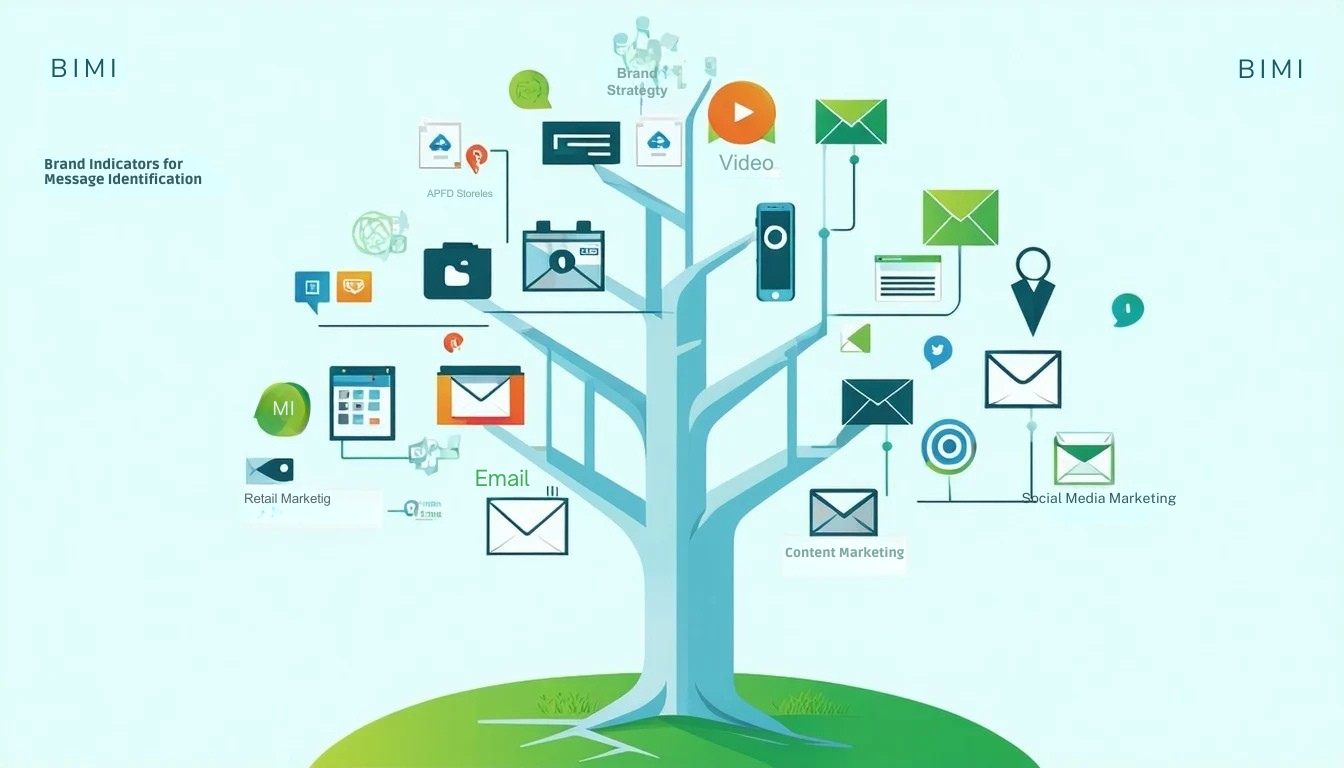 BIMI أو مؤشرات العلامة التجارية لتحديد الرسالة بمثابة الجذع الأساسي لشجرة استراتيجية التسويق التي توفر إطارًا قويًا للتعرف على العلامة التجارية والثقة في الاتصالات الرقمية من هذه الركيزة المركزية مختلف تكتيكات التسويق-